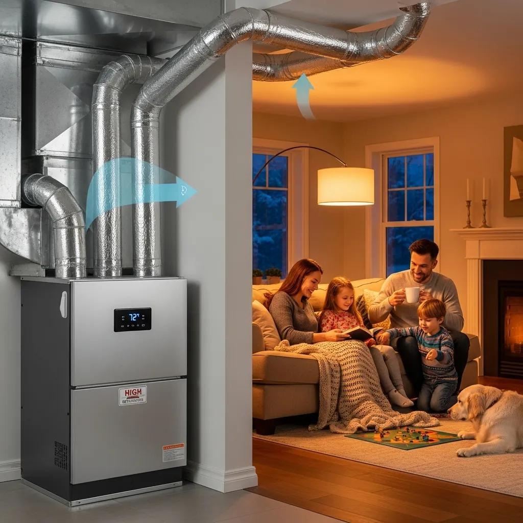 Modern forced air furnace in a family living room, showcasing advantages of quick heating and comfort