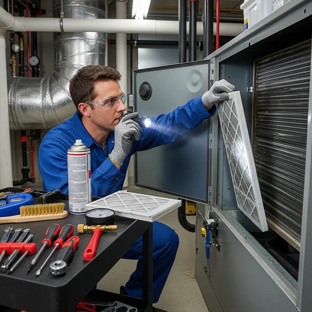Technician performing preventative maintenance on an HVAC system