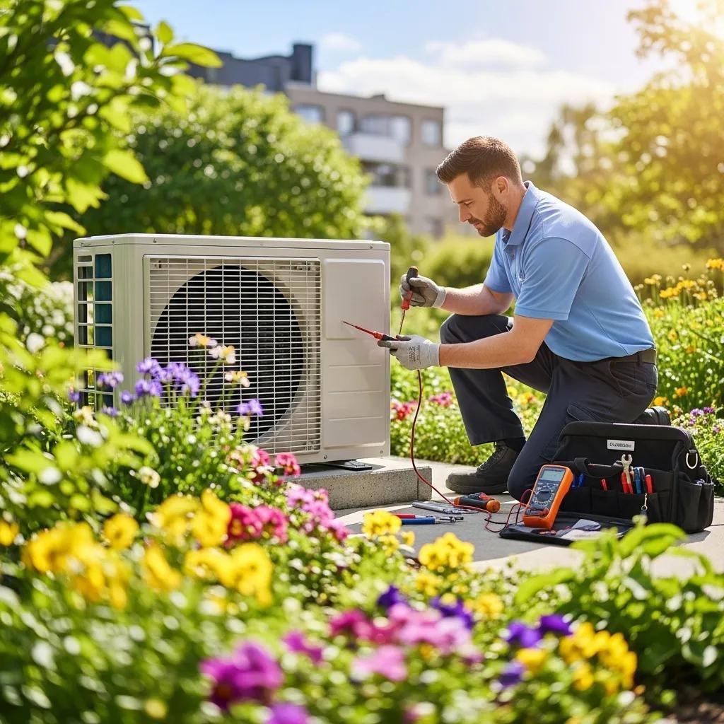 Technician performing spring maintenance on an air conditioning unit in a sunny garden