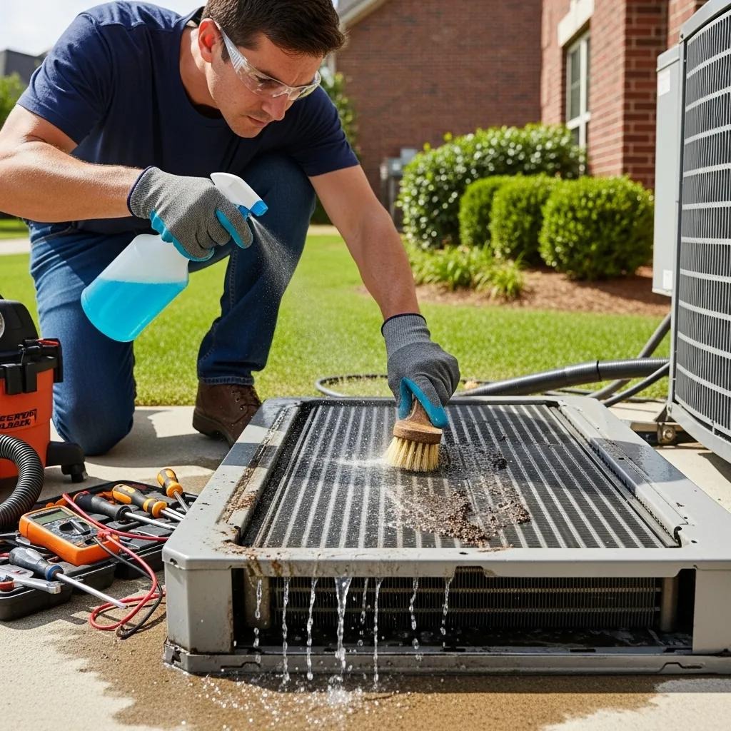 Technician cleaning the coils of an air conditioning unit to enhance efficiency
