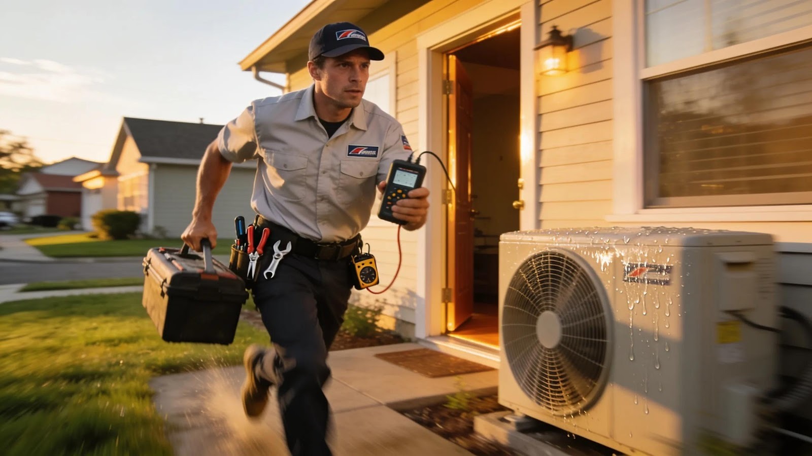 HVAC technician responding rapidly to an emergency AC repair in a residential neighborhood