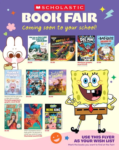 Scholastic Book Fair promotional flyer with featured books
