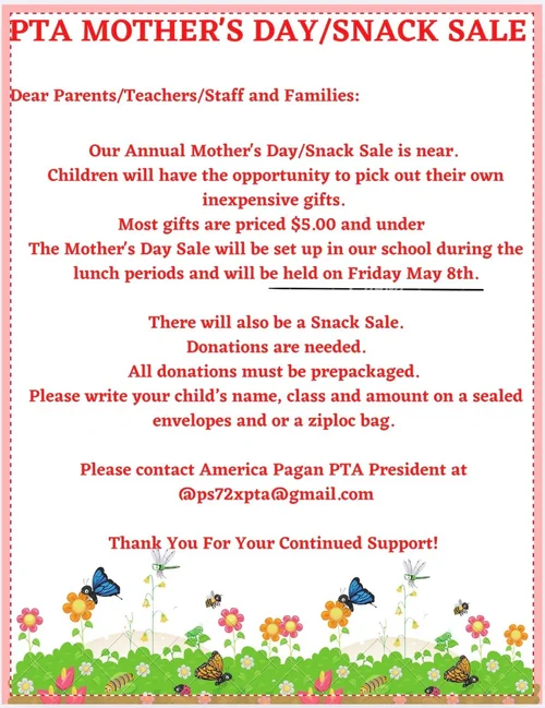 PTA Mother's Day and Snack Sale flyer