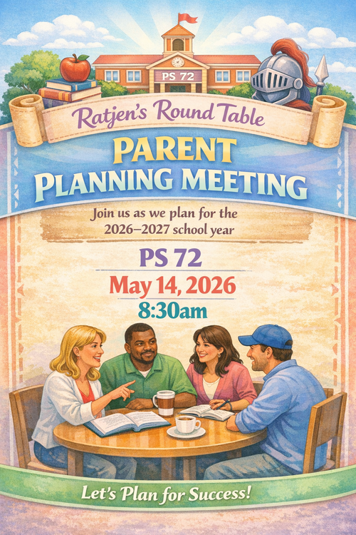 PS 72 parent planning meeting flyer for May 14 2026