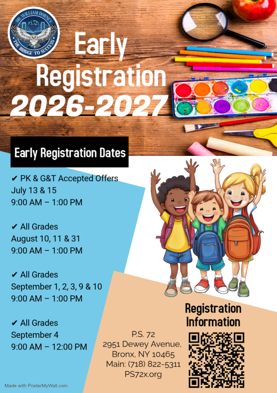 PS 72 early registration dates for the 2026 to 2027 school year