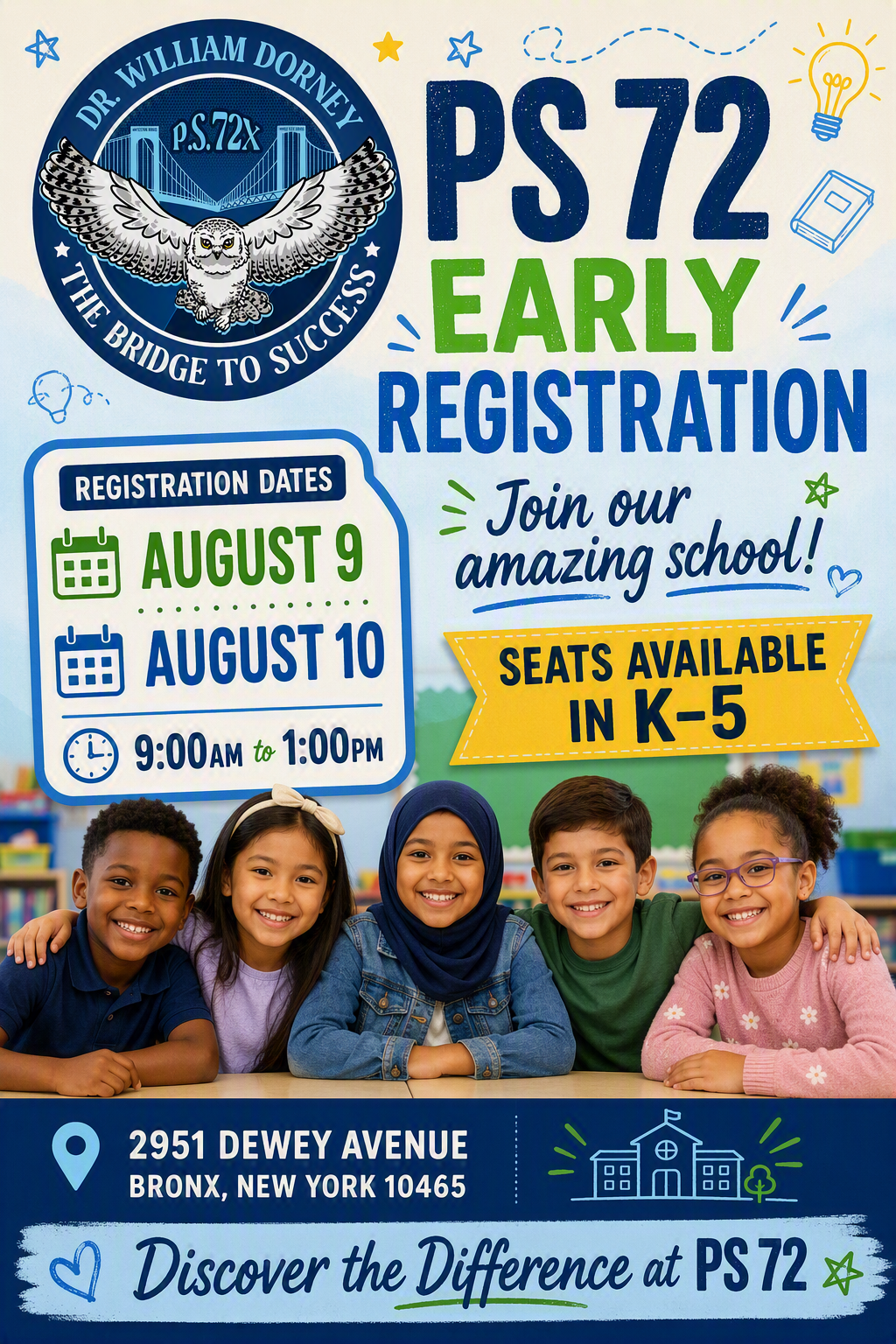 PS 72 early registration flyer for August 9 and 10 kindergarten through fifth grade