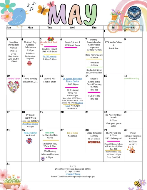PS 72 May 2025 school events calendar with dates and activities