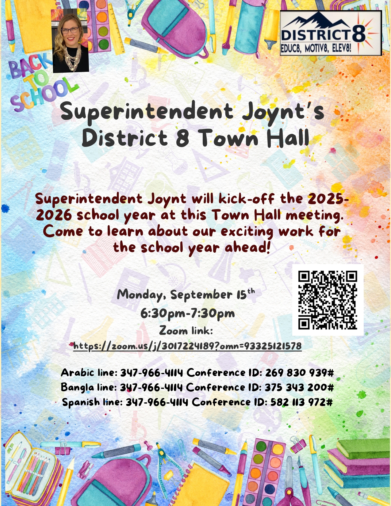 Flyer for Superintendent Joynt District 8 Town Hall September 15