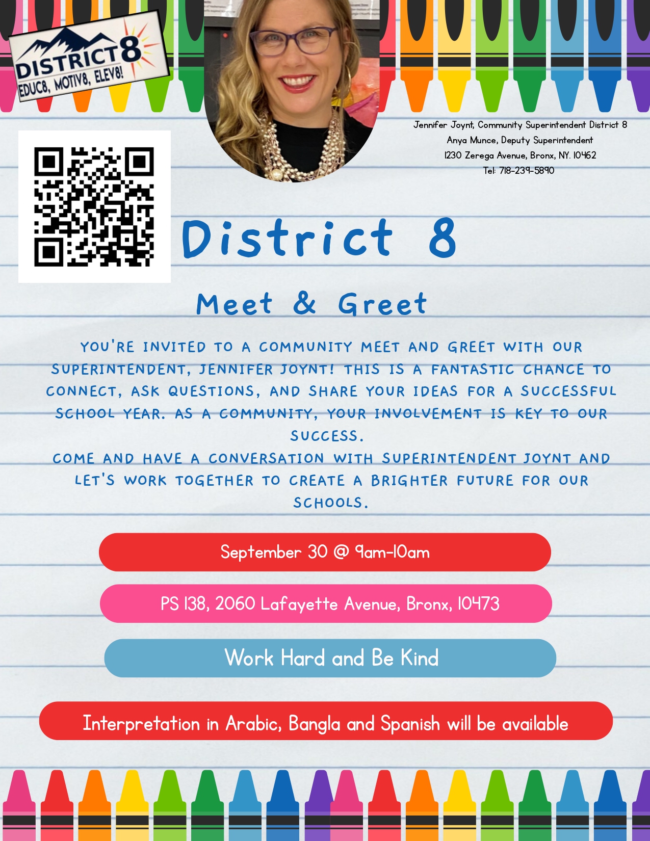 District 8 Meet and Greet event flyer with Superintendent Jennifer Joynt