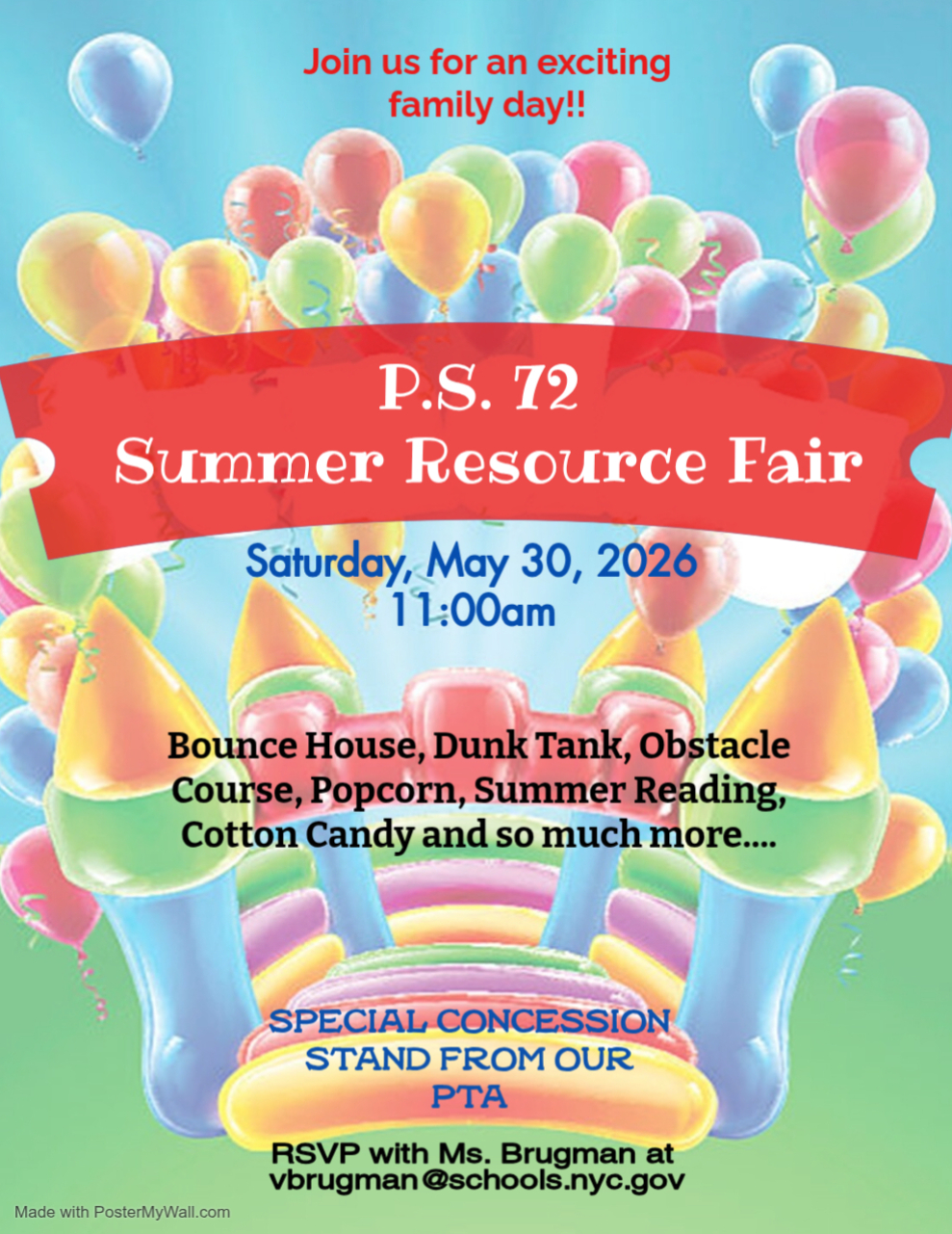 Flyer for PS 72 Summer Resource Fair on May 30 2026