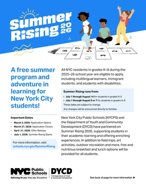 Summer Rising 2026 flyer for free NYC summer program grades K-8