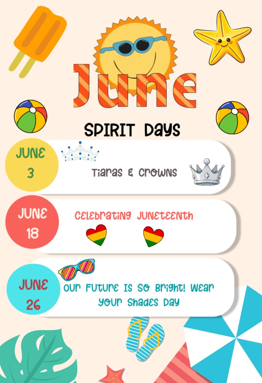June Spirit Days flyer with three themed dress-up dates