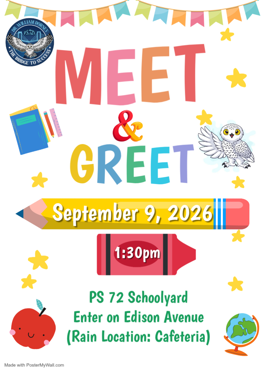 PS 72 Meet and Greet event flyer September 9 2026