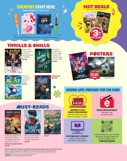 Scholastic Book Fair promotional flyer with book covers and deals