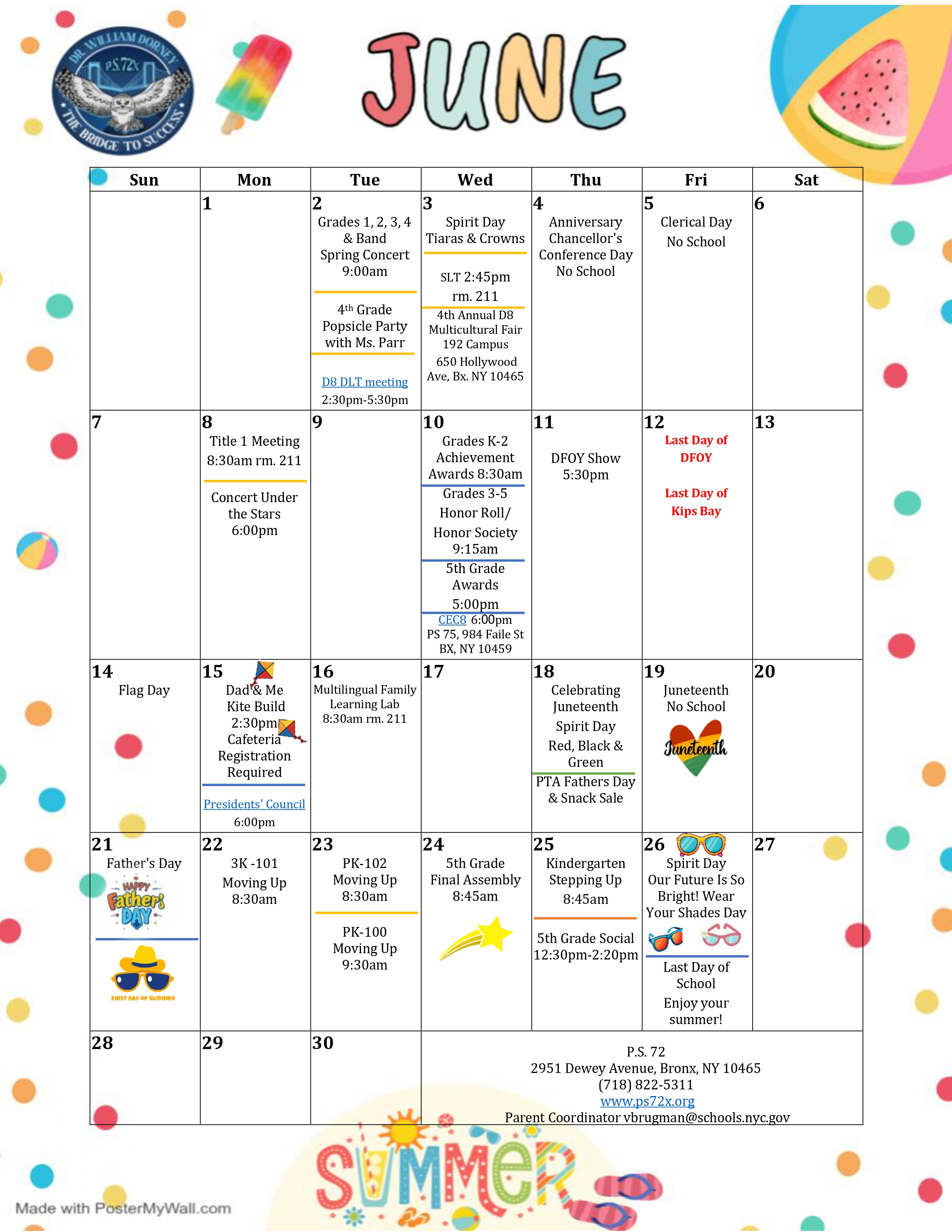 PS 72 June 2025 school events calendar with key dates