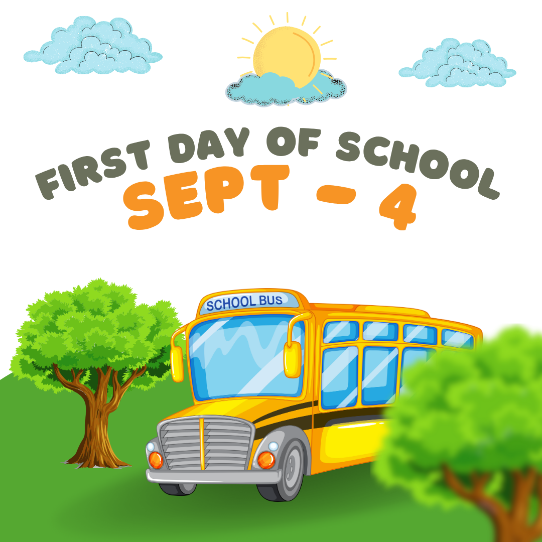 First day of school announcement September 4 with school bus illustration