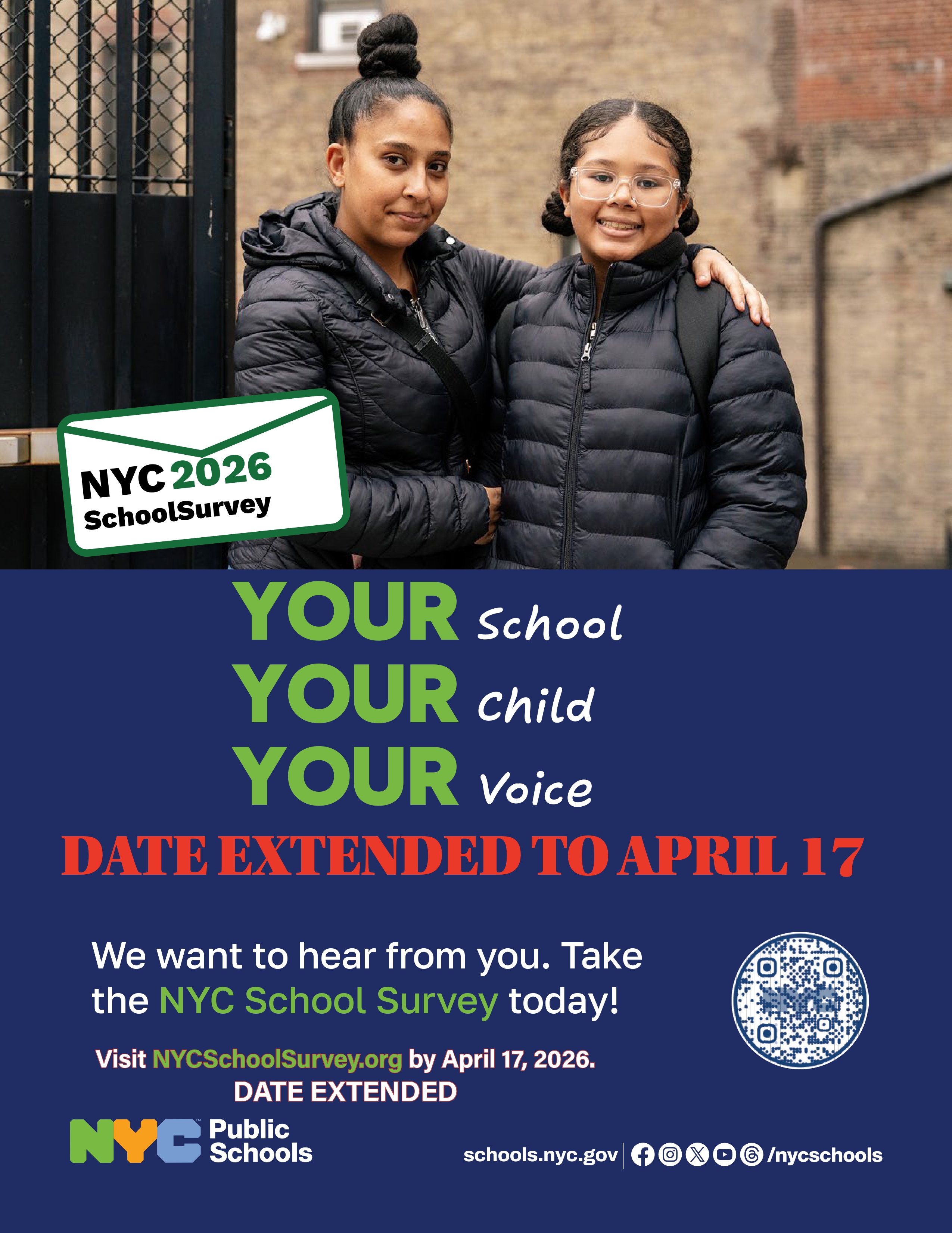 NYC School Survey 2026 flyer featuring a parent and student outside school