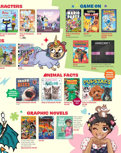 Scholastic book fair catalog featuring children's books and graphic novels