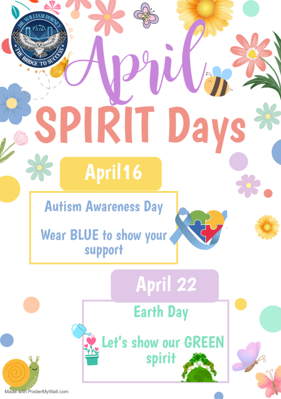 PS 72x April Spirit Days flyer for Autism Awareness and Earth Day