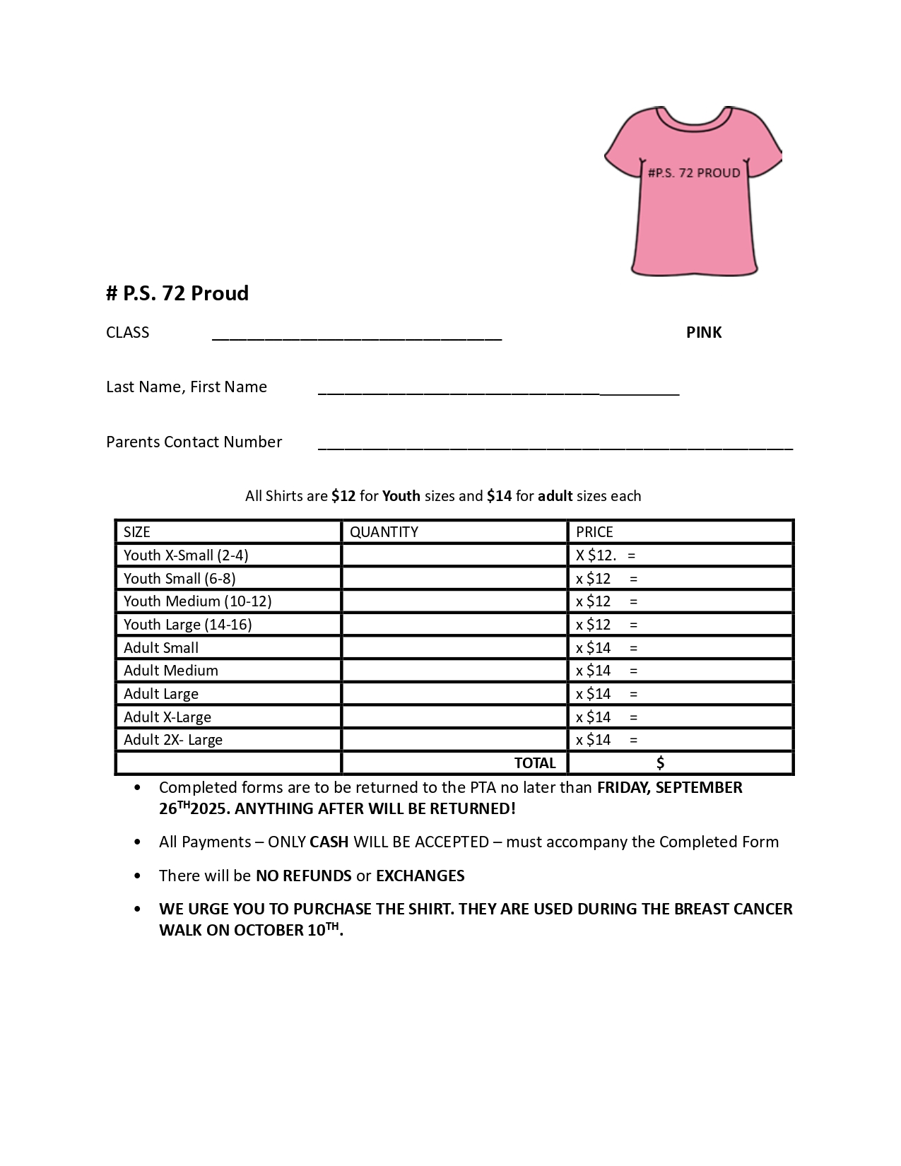 PS 72 Proud pink t-shirt order form for Breast Cancer Walk