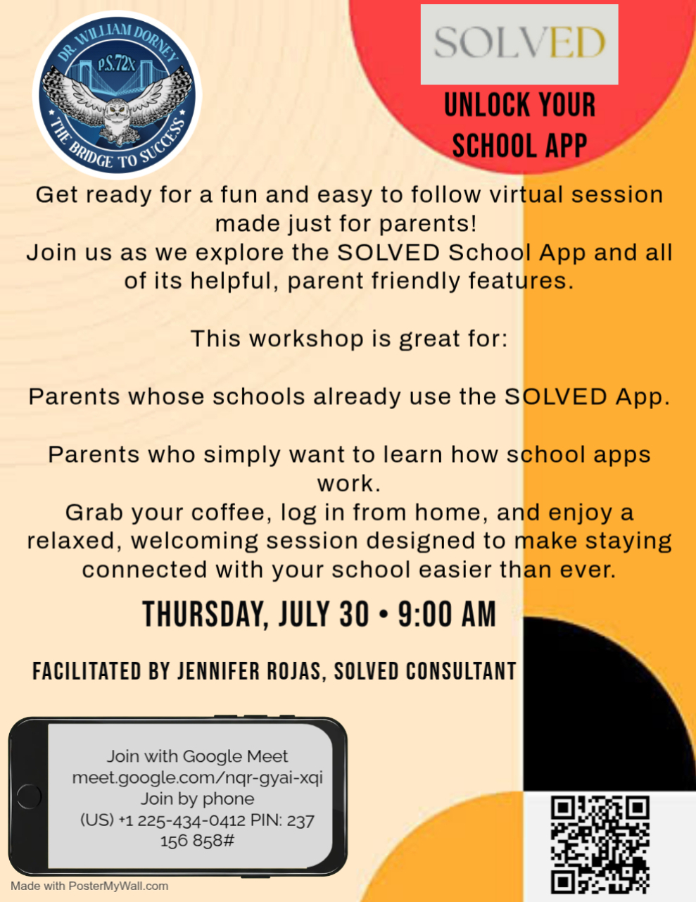 Flyer for SOLVED School App parent workshop Thursday July 30 at 9 AM