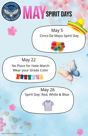 May Spirit Days schedule flyer with three themed dress-up dates
