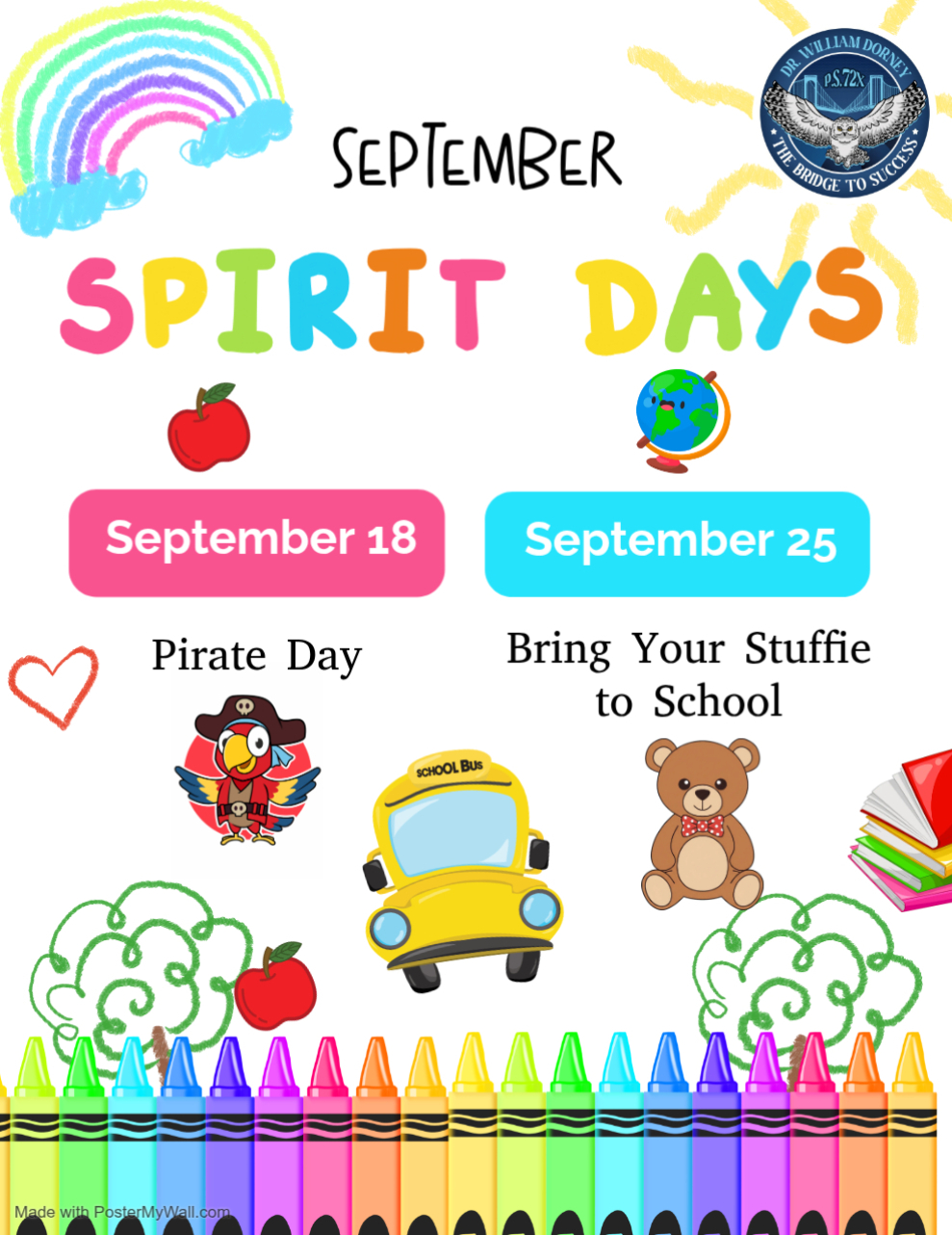 PS 72x September Spirit Days flyer Pirate Day and Bring Your Stuffie