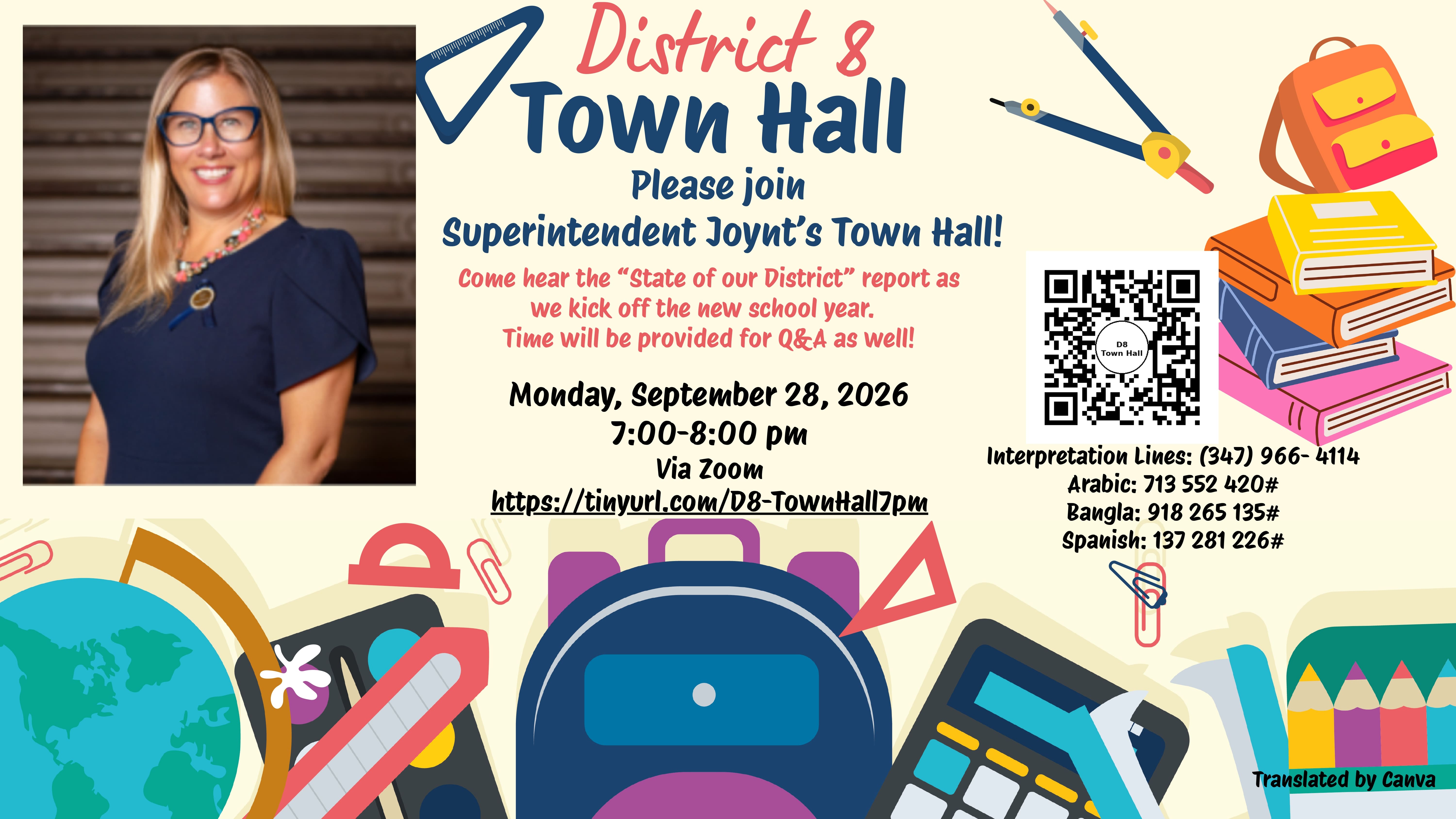 Flyer for District 8 Superintendent Joynt Town Hall on September 28 2026