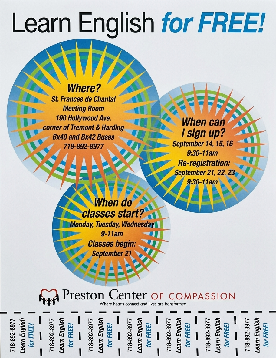 Flyer announcing free English classes at Preston Center of Compassion