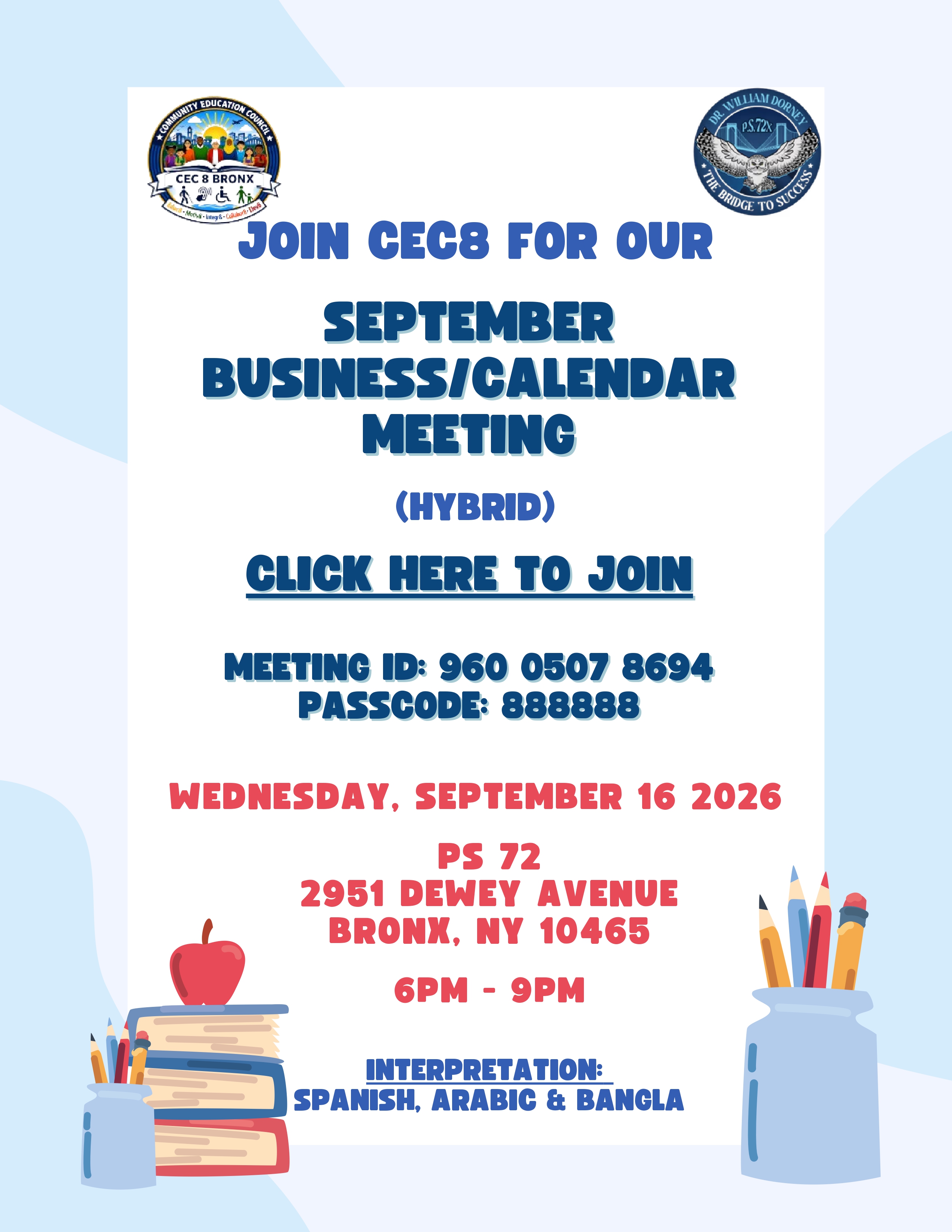 Flyer for CEC8 September hybrid business calendar meeting at PS 72