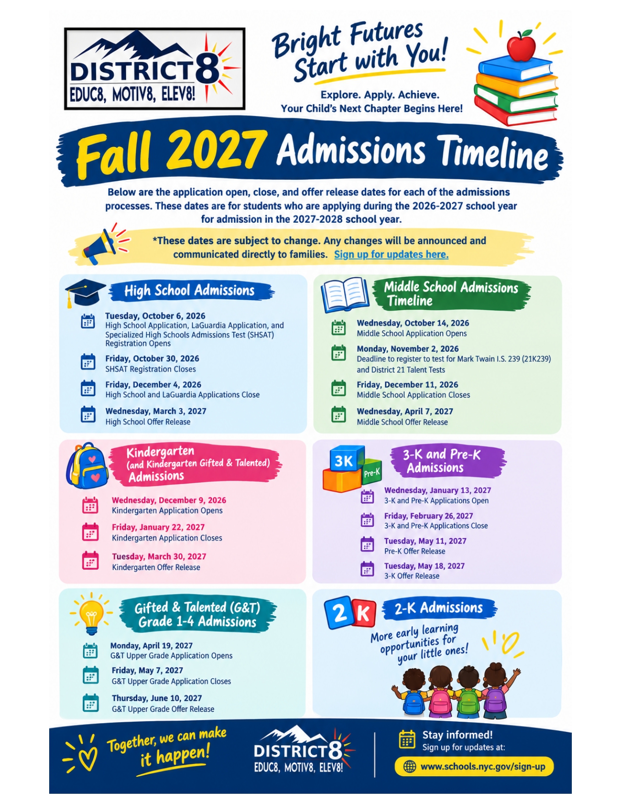 District 8 Fall 2027 school admissions timeline with key dates