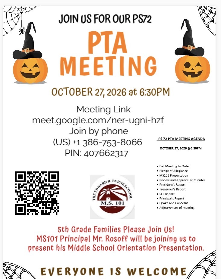 PS 72 PTA Meeting flyer for October 27 2026 at 6:30PM