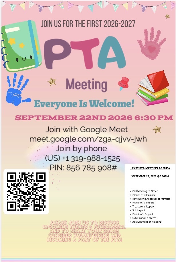 Flyer for PS 72 PTA Meeting September 22 2026 at 6:30 PM