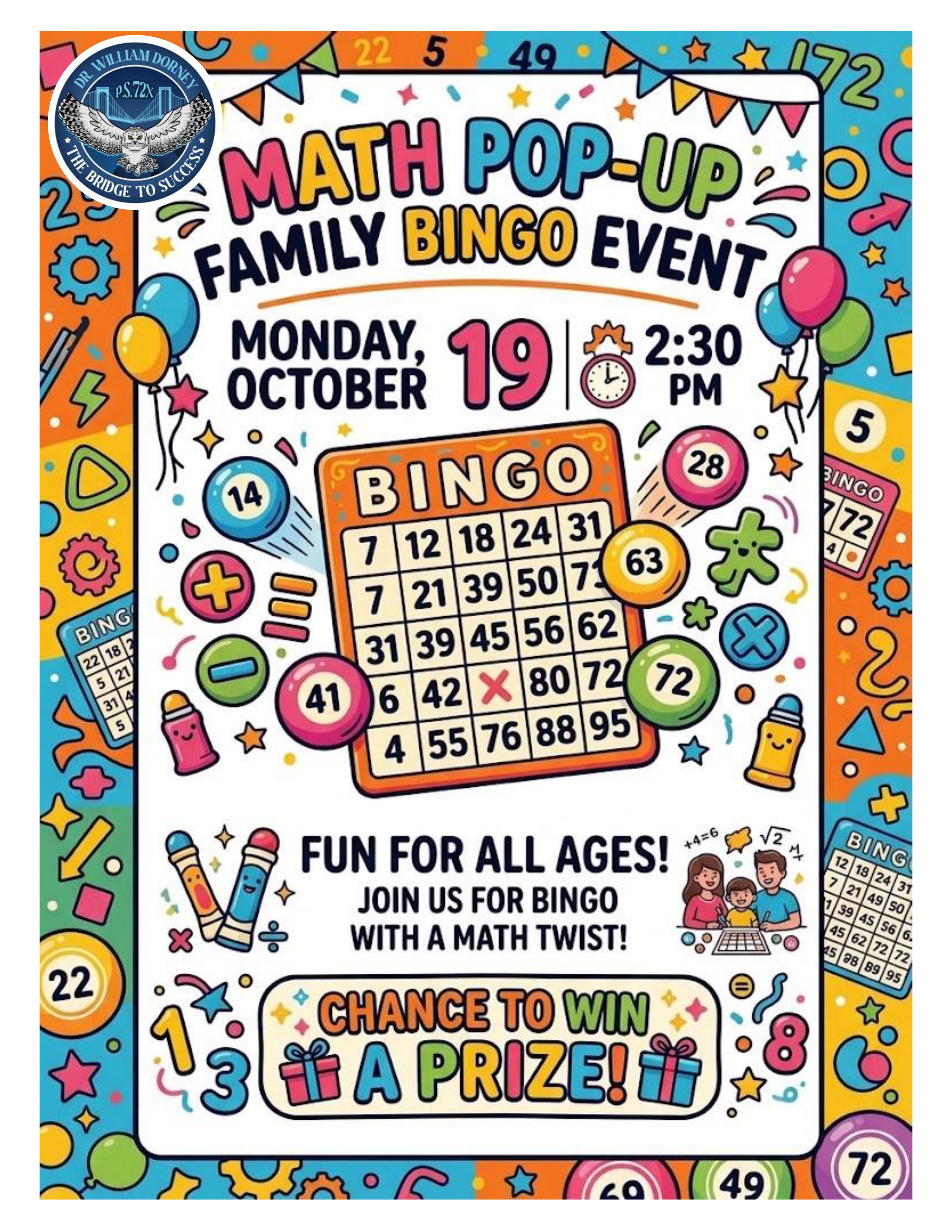 Flyer for PS 72X Math Pop-Up Family Bingo Event October 19