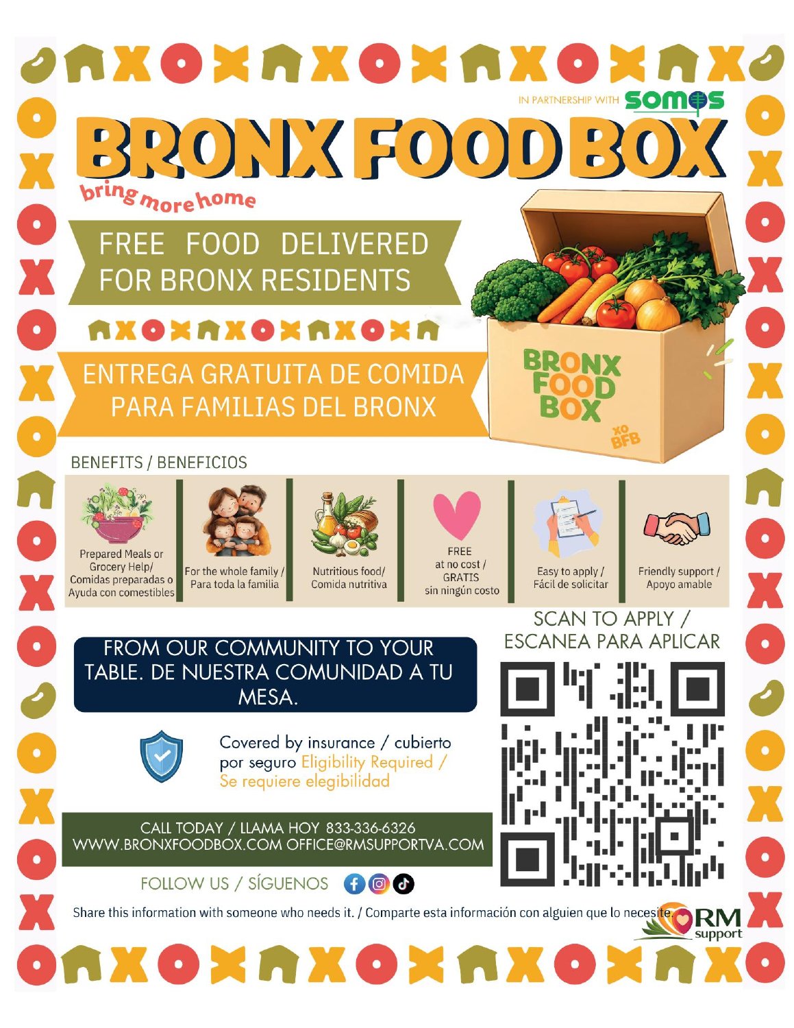 Bronx Food Box flyer offering free food delivery for Bronx residents in English and Spanish