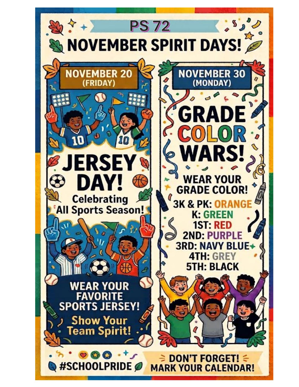 PS 72 November Spirit Days flyer with Jersey Day on November 20 and Grade Color Wars on November 30
