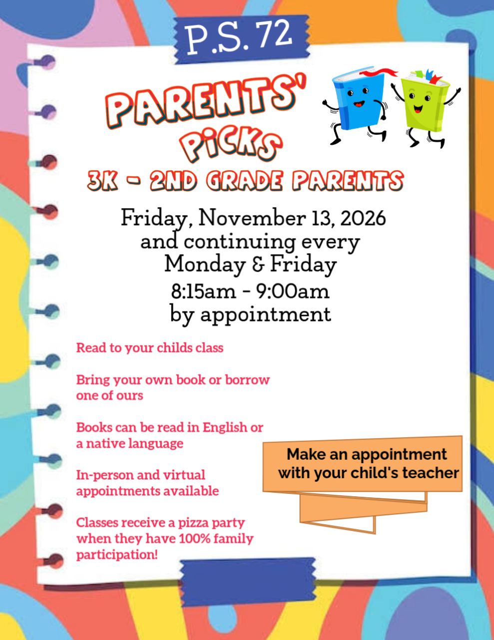 PS 72 Parents Picks flyer for 3K to 2nd grade families reading in class starting November 13 every Monday and Friday