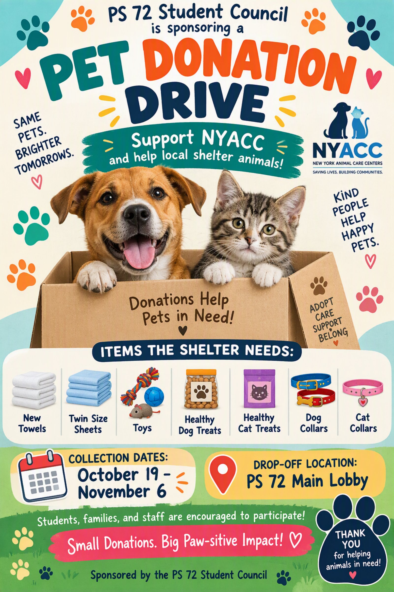 PS 72 Student Council Pet Donation Drive flyer supporting NYACC with collection from October 19 to November 6