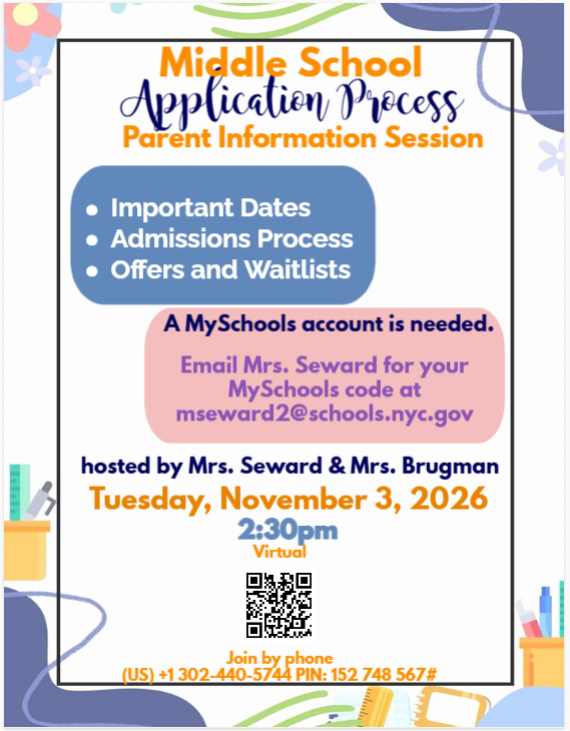 Middle School Application Process virtual parent information session flyer November 3 2026 at 2:30 PM