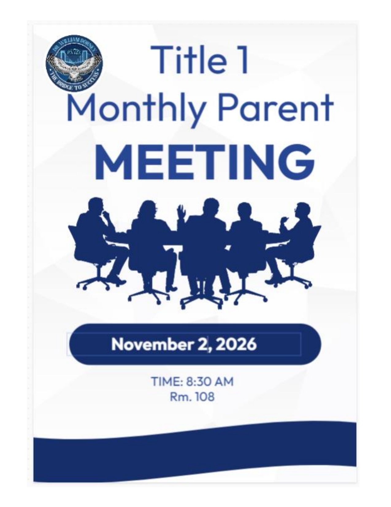 PS 72 Title 1 Monthly Parent Meeting flyer November 2 2026 at 8:30 AM in Room 108