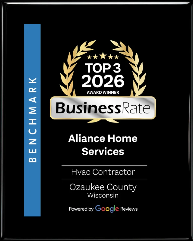 BusinessRate Top 3 2026 Award Winner plaque for Aliance Home Services, HVAC Contractor, Ozaukee County, Wisconsin, powered by Google Reviews