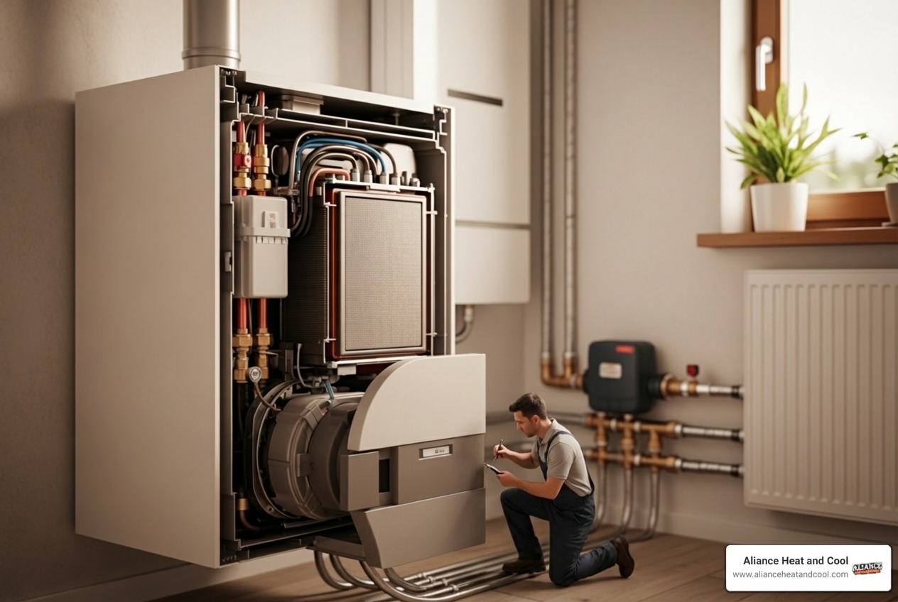 Infographic showing the key components of a modern high-efficiency boiler system including the heat exchanger, gas burner, circulation pump, expansion tank, and how hot water circulates through radiators or radiant floor heating to warm a Mequon home efficiently - boiler installation in mequon, wi Infographic showing the key components of a modern high-efficiency boiler system including the heat exchanger, gas burner, circulation pump, expansion tank, and how hot water circulates through radiators or radiant floor heating to warm a Mequon home efficiently - boiler installation in mequon, wi