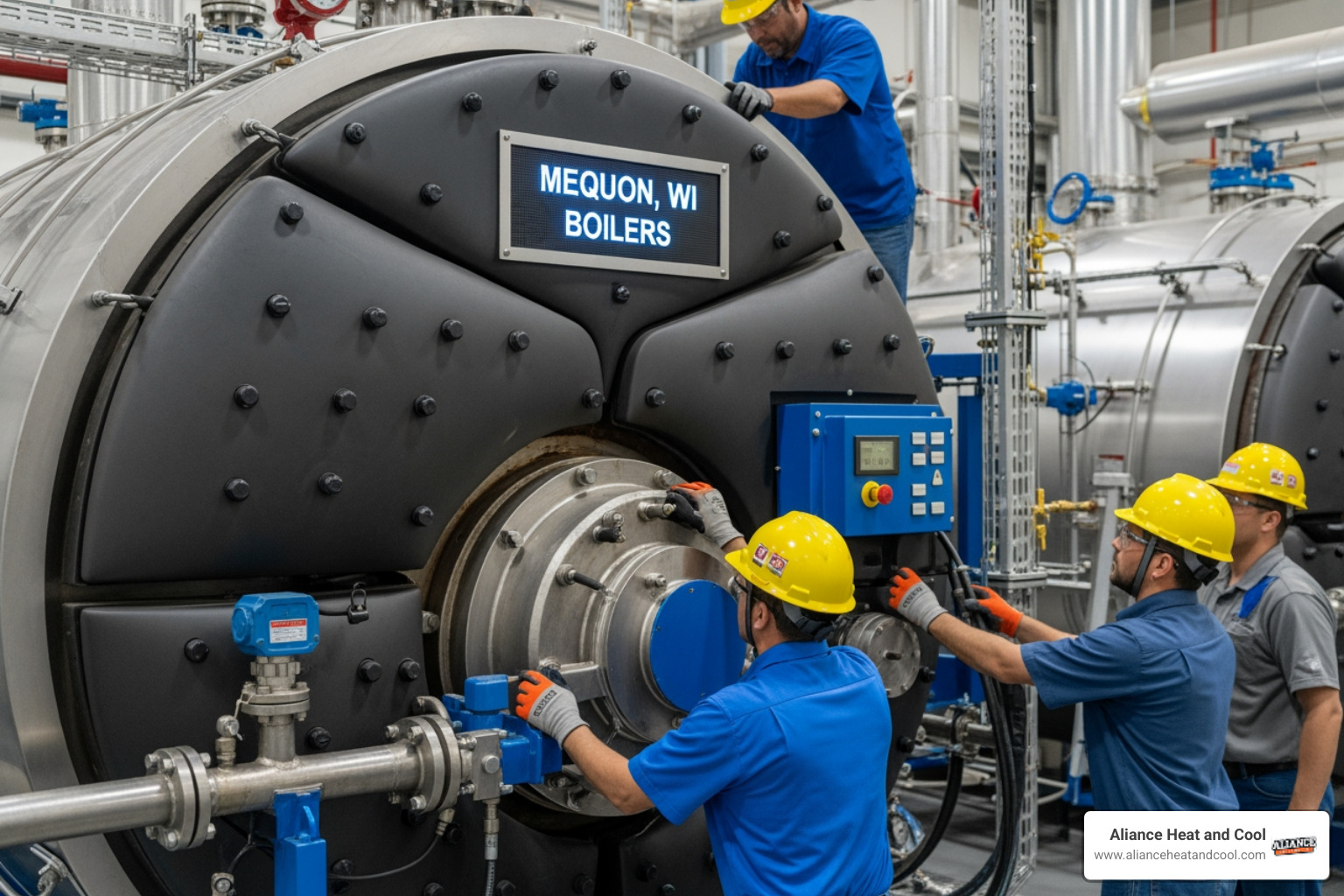 Infographic showing steam boiler cycle: water heated in boiler unit, converts to steam, travels through pipes to radiators, releases heat to warm rooms, condenses back to water, returns to boiler for reheating - steam boilers best in mequon, wi