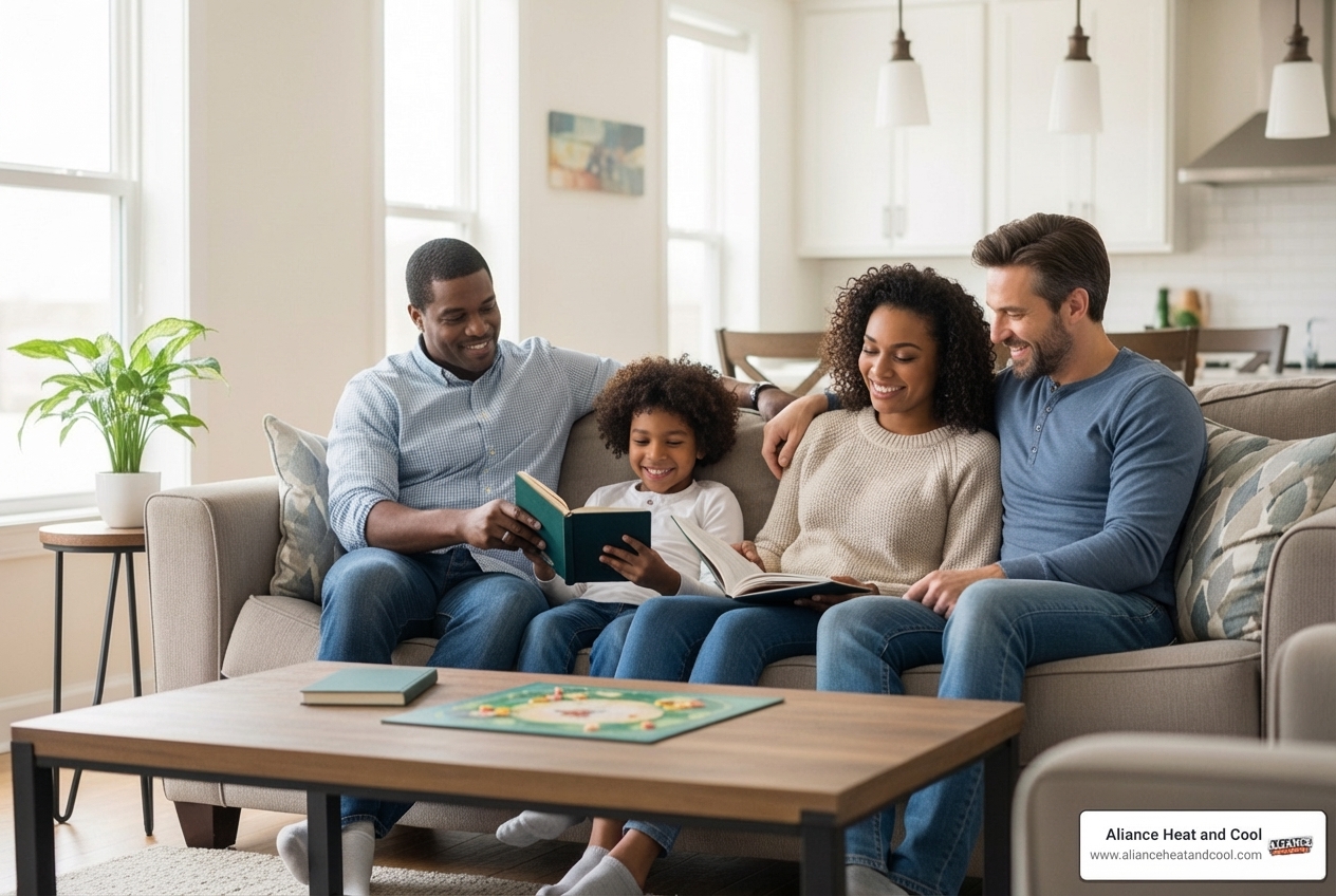 Infographic showing three key benefits of annual furnace maintenance: a dollar sign icon with text showing up to 25% savings on service costs over system lifetime, a wrench icon showing fewer expensive repairs needed, and a home icon showing improved indoor air quality and consistent comfort throughout the home - furnace maintenance in mequon, wi