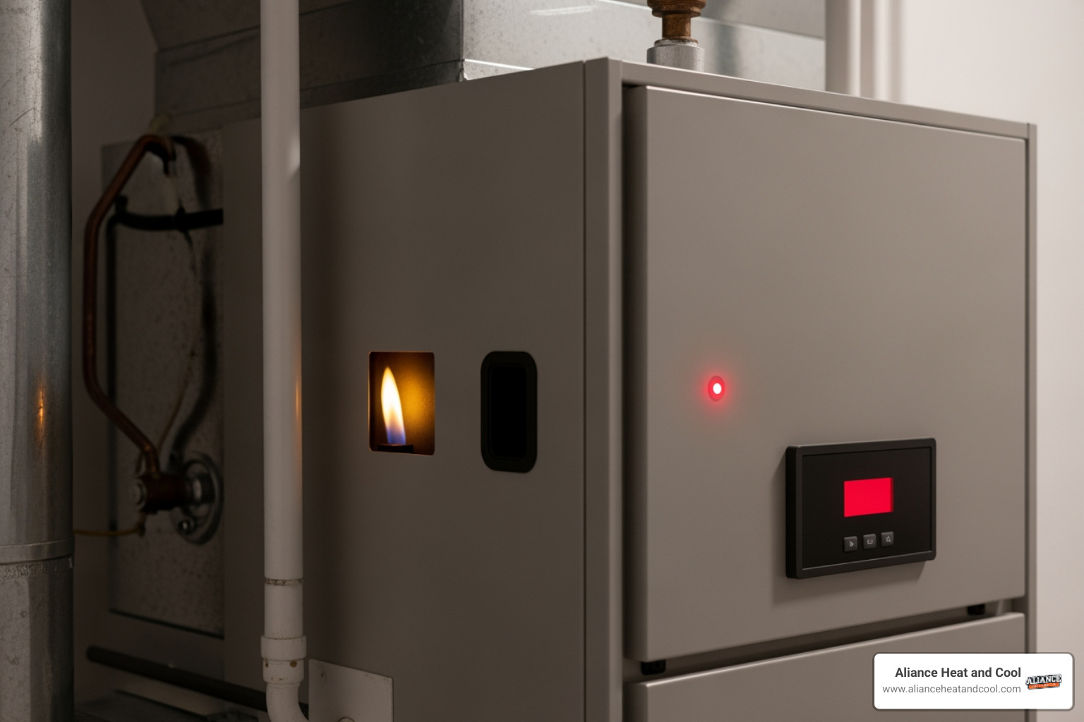 Infographic showing the top 5 signs your furnace needs emergency repair: strange noises like rattling or banging, abnormal burning smells, no heat or insufficient heating, yellow pilot light instead of blue, and frequent on-off cycling - furnace maintenance emergency in mequon, wi