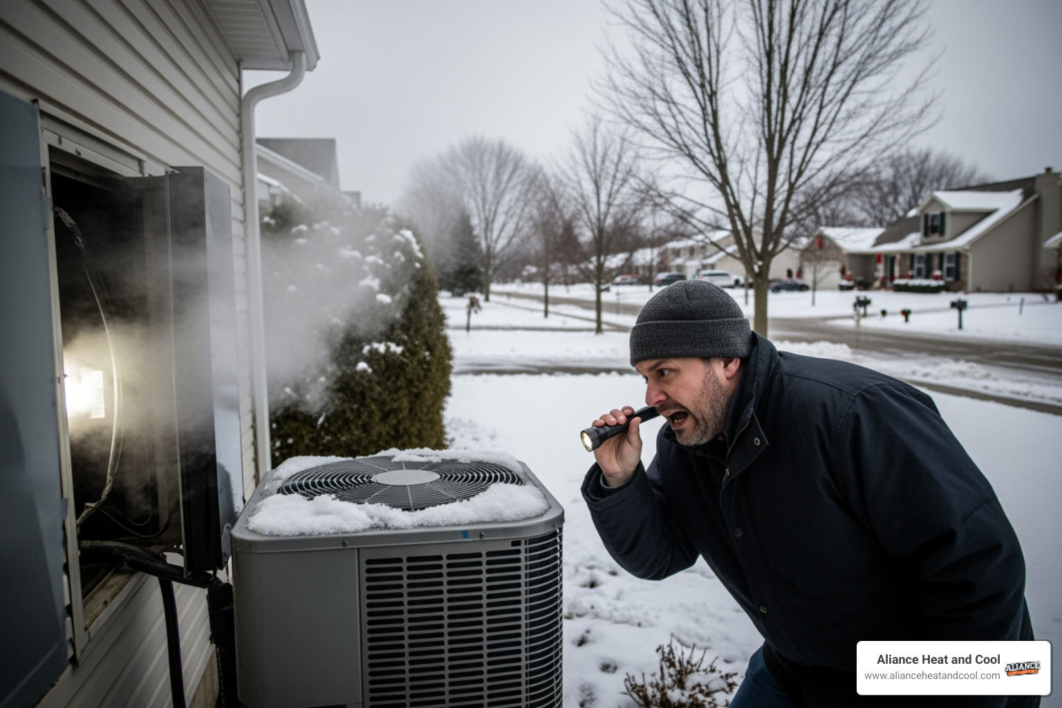 Infographic showing emergency heat pump troubleshooting steps: First, check thermostat settings and verify correct mode; Second, inspect circuit breakers and reset if tripped; Third, examine and replace dirty air filters; Fourth, clear outdoor unit of snow, ice, and debris; Fifth, note any unusual sounds, smells, or leaks; Sixth, call professional service if issues persist or safety concerns arise. Icons show a thermostat, electrical panel, air filter, outdoor unit, notepad, and phone - heat pump maintenance emergency in mequon, wi