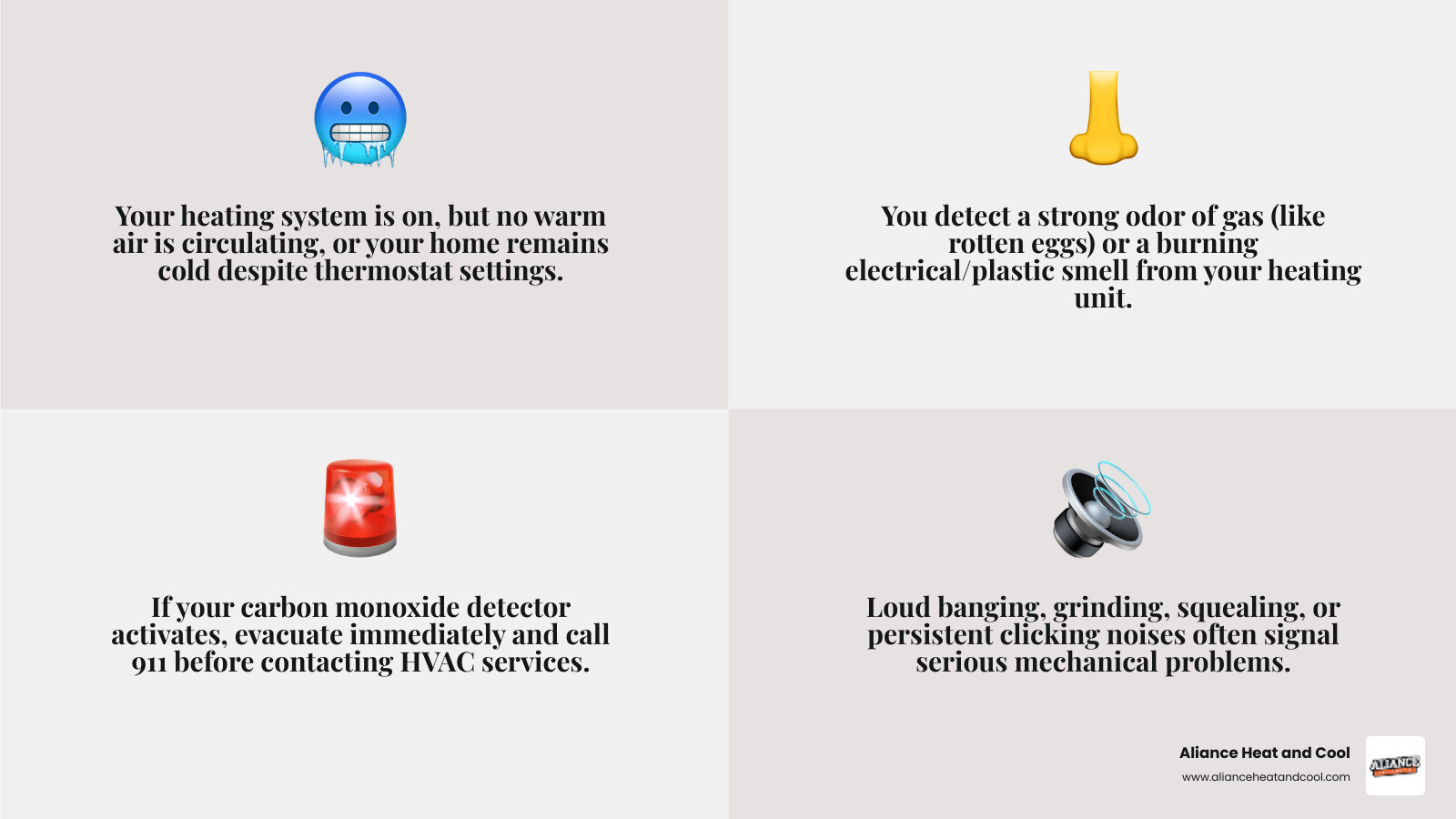 infographic showing three critical heater emergency warning signs: no heat production with thermostat set correctly, strong gas or burning smell, and carbon monoxide detector alarm sounding - heater repair emergency in port washington, wi infographic 4_facts_emoji_grey infographic showing three critical heater emergency warning signs: no heat production with thermostat set correctly, strong gas or burning smell, and carbon monoxide detector alarm sounding - heater repair emergency in port washington, wi infographic 4_facts_emoji_grey