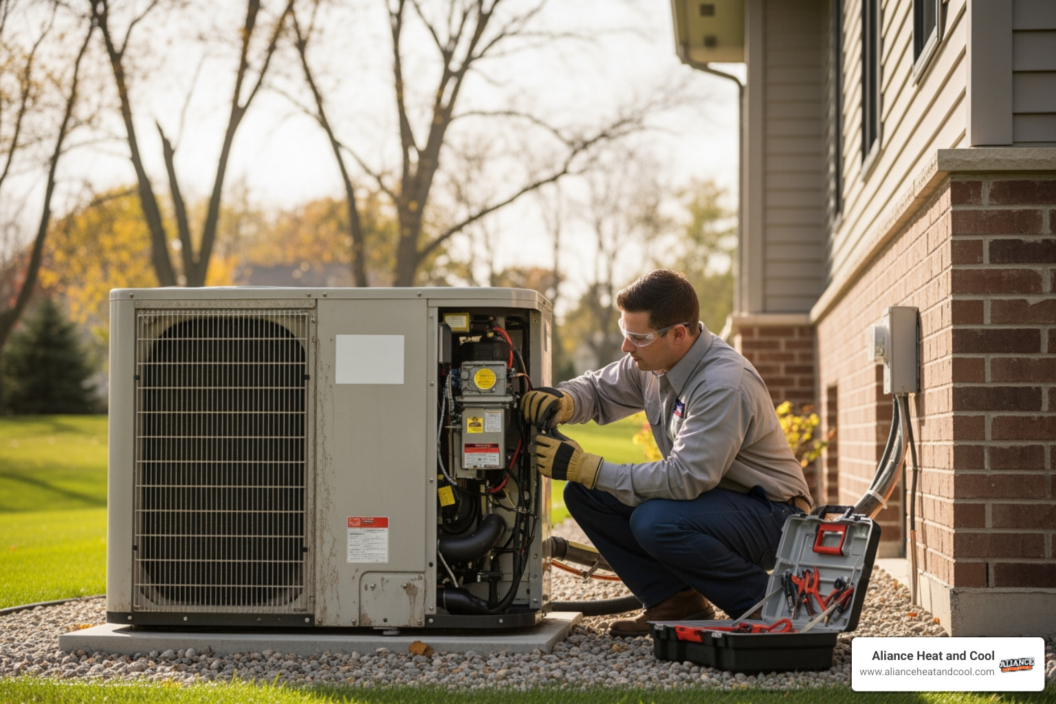 Infographic showing how heat pumps provide both heating and cooling through refrigerant cycle reversal, with arrows indicating heat transfer in winter and summer modes, and key maintenance touchpoints including outdoor unit, indoor air handler, refrigerant lines, and thermostat controls - heat pump maintenance services in mequon, wi