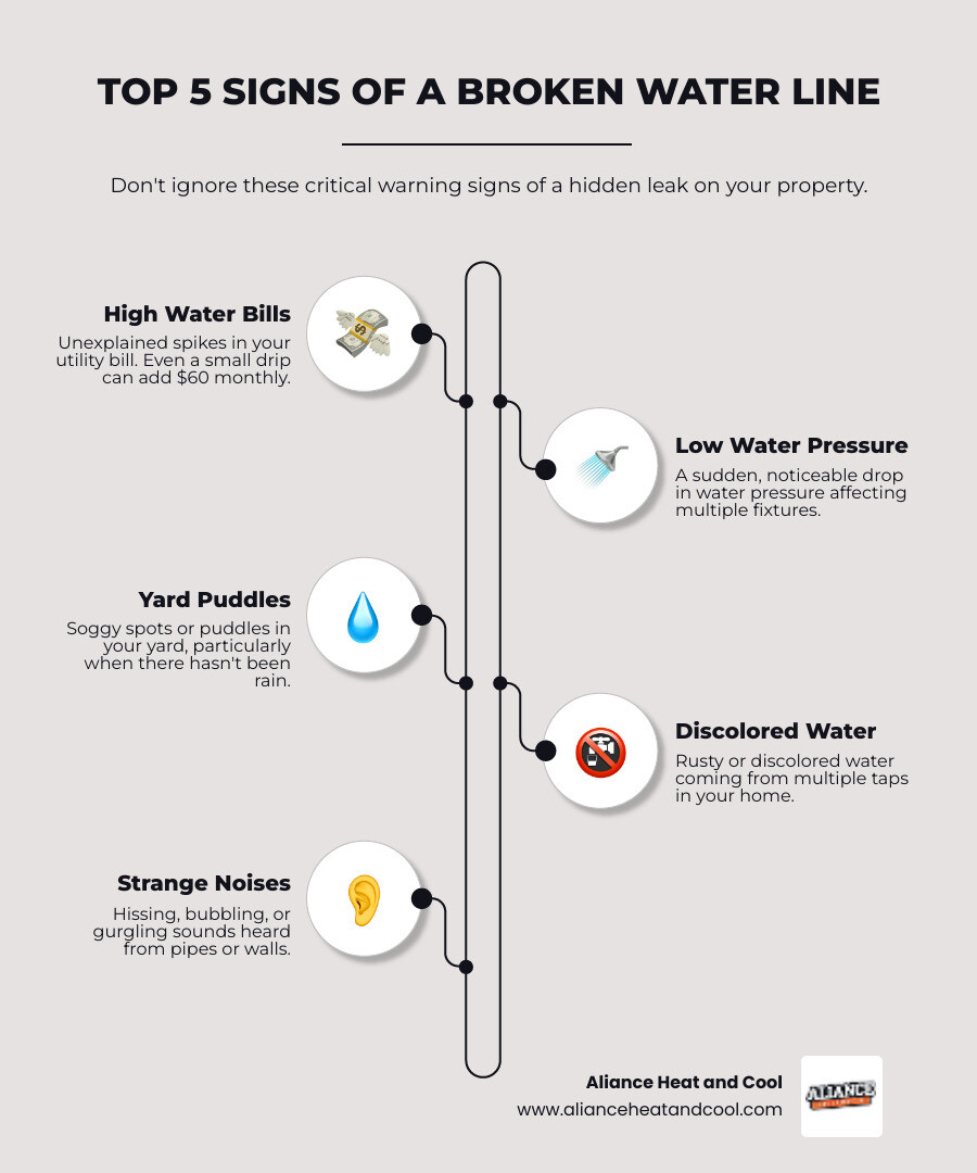 infographic showing five warning signs of a broken water line including water pooling in yard, high water bills, low pressure gauge, discolored water in glass, and underground pipe with crack - broken water line infographic infographic-line-5-steps-elegant_beige infographic showing five warning signs of a broken water line including water pooling in yard, high water bills, low pressure gauge, discolored water in glass, and underground pipe with crack - broken water line infographic infographic-line-5-steps-elegant_beige