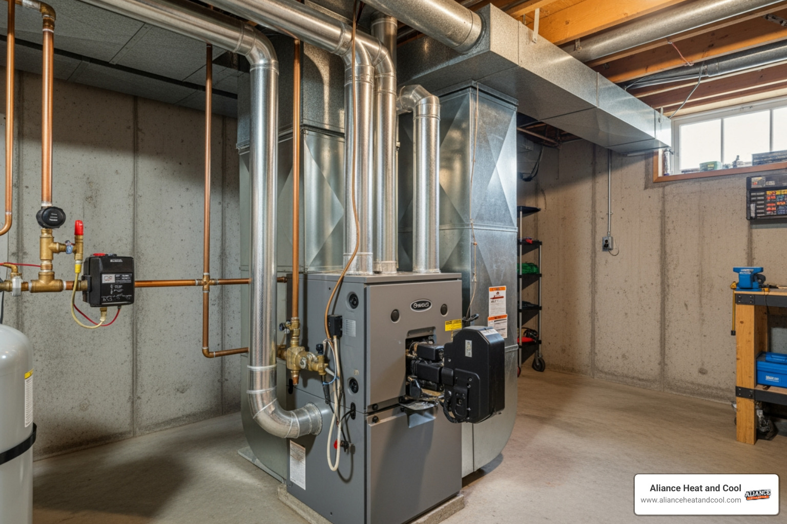 Infographic showing the anatomy of an oil furnace system: oil tank stores fuel, burner ignites oil to create heat, heat exchanger warms air, blower distributes heated air through ductwork to home, exhaust vents combustion gases safely outside - oil furnace best in port washington, wi